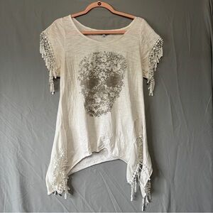 Terra Nostra Womens Floral Skull Tee Large White Fringe Boho Festival Punk Edgy